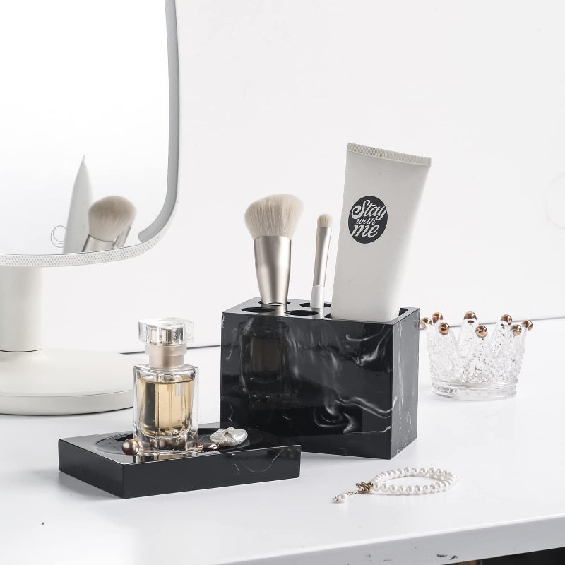 Jung Ford 5-Piece Bathroom Counter Top Accessory Set - Dispenser for Liquid Soap or Lotion, Soap Dish, Toothbrush Holder and 2 Tumblers, Marble Pattern Resin (Ink Black) - Image 5